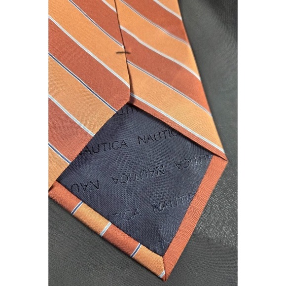 Nautica‎ 100% Silk Men's Tie Orange Striped Classic Length - Picture 2 of 5